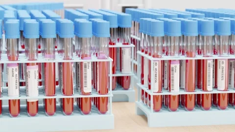 Medical blood testing at laboratory, microscope, vials of blood, sterile Stock Footage 284600584