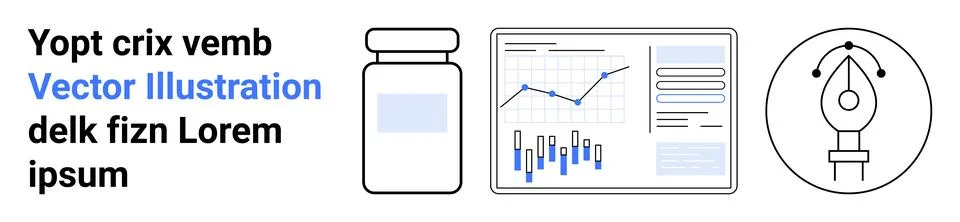 Medical Bottle, Data Analysis Chart, and Pen Tool Concept in Simple Line Art イラスト素材