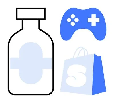 Medical Bottle, Game Controller and Shopping Bag Illustrazione stock
