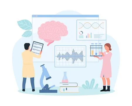 Medical brain study, neurology, tiny people research human brain anatomy on Stock Illustration