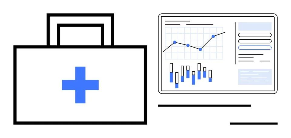 Medical Briefcase and Data Analytics Dashboard Highlighting Healthcare Analys Illustrazione stock