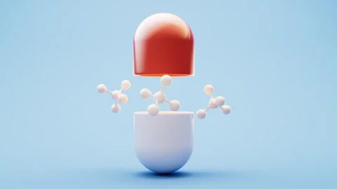 Medical capsule and molecules rotating in 3d animation on white background Stock Footage 313560705