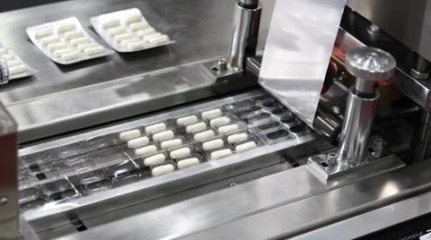 Medical capsules packing process by machine Stock Photos