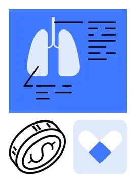 Medical chart of human lungs with labels, coin with dollar sign, and heart-sh Stock Illustration