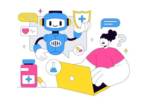 Medical Chatbot Vector Illustration Featuring AI Healthcare Assistant, Virt.. Stock Illustration