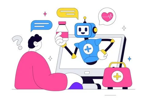 Medical Chatbot Vector Illustration Featuring AI Healthcare Assistant, Virt.. Stock Illustration