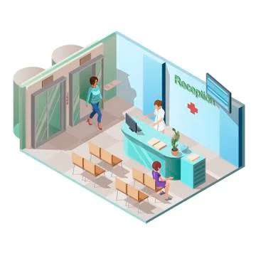 Medical clinic reception interior with elevator and patients Stock Illustration