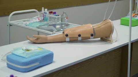 Medical clinic where dummies lie instead of patients Stock Footage