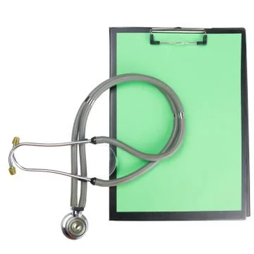 Medical clipboard and stethoscope isolated on white background. Concept of Stock Photos