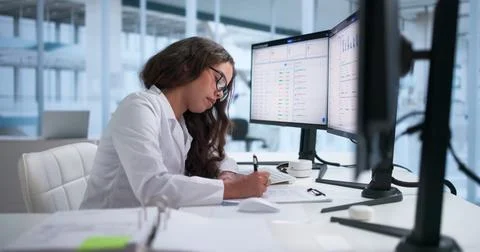 Medical Coder Carefully Reviews Electronic Health Records For Accurate Billin Stock Photos