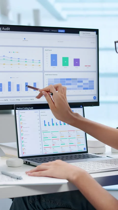 Medical Coder Reviews Clinical Documentation Carefully Using Laptop Stock-Footage 344715501