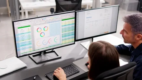 Medical Coder Working on Multiple Spreadsheets Stock Footage 256343156