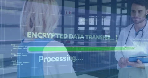 Medical colleagues discussing encrypted data on tablet in healthcare facility, Stock Footage 307466077