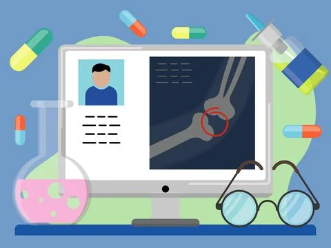 Medical compositional image consists of pills, doctor monitor, lab flask Stock Illustration