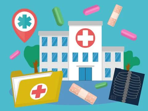 Medical compositional image consists of pills, hospital building, patch, folder Stock Illustration