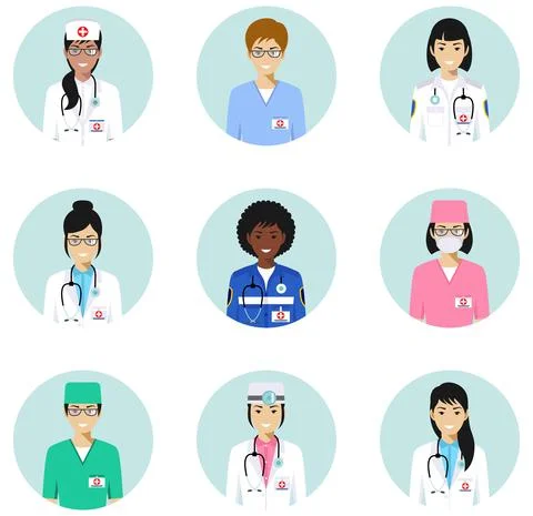 Medical concept. Different doctors, nurses characters avatars icons set 스톡 일러스트