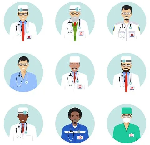 Medical concept. Different doctors, nurses characters avatars icons set Stock Illustration