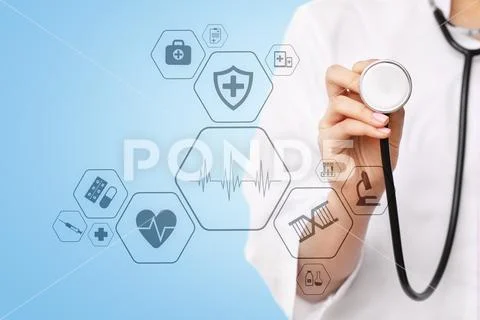 Medical concept on virtual screen. Healthcare. Online medical consultation and Stock Photos