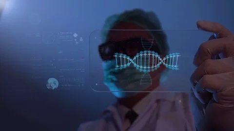 Medical concept.scientist analyzing structure of a DNA on mobile tablet in a mod Stock Footage 82759548