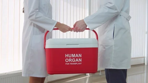 Medical courier delivers human organ for transplant close up Stock Footage