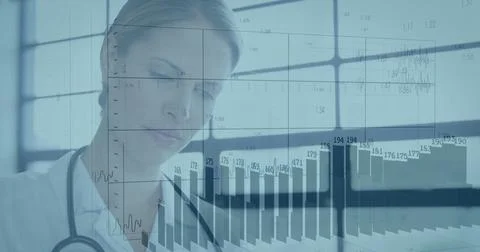 Medical data analysis image over healthcare professional with stethoscope Stock Photos