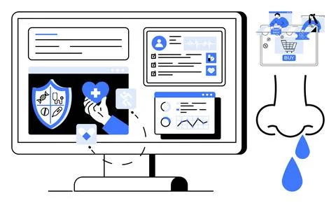 Medical data and analytics on computer screen with insurance graphics, health 스톡 일러스트