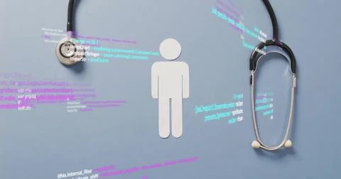 Medical data and coding over image of stethoscopes and human figure Illustrazione stock