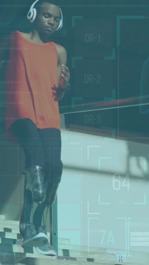 Medical data and DNA analysis animation over person with prosthetic legs walking Stock Footage 343682169