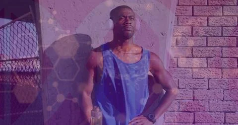 Medical data processing against african american fit man wearing headphones Stock Photos