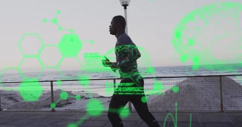 Medical data processing against african american fit man running on the Stock Photos