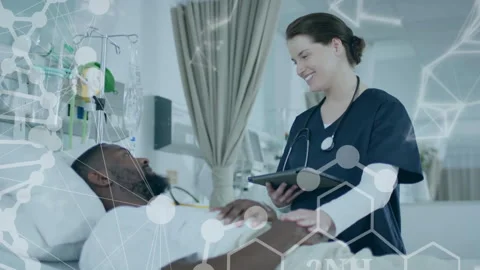 Medical data processing animation over nurse with tablet and patient in hospital Stock Footage 304760559
