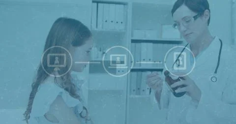 Medical data processing image over doctor showing medication to young patient Stock Photos