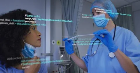 Medical data processing image over healthcare professionals conducting throat 스톡 사진