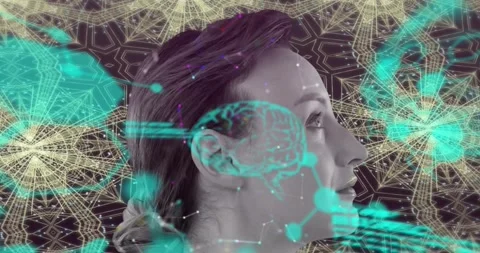 Medical data processing over caucasian woman against kaleidoscopic patterns in Stock Footage 329704444