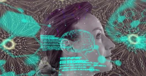 Medical data processing over caucasian woman against kaleidoscopic patterns in Stockfoto's