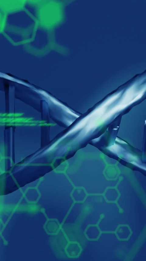 Medical data processing over dna structure spinning against blue background Stock Footage 342641604