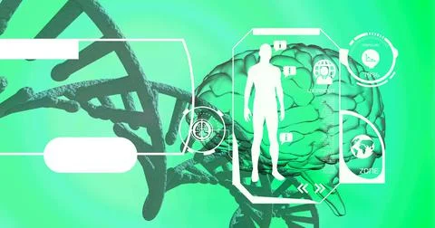 Medical data processing over dna structure and human brain against green Illustrazione stock