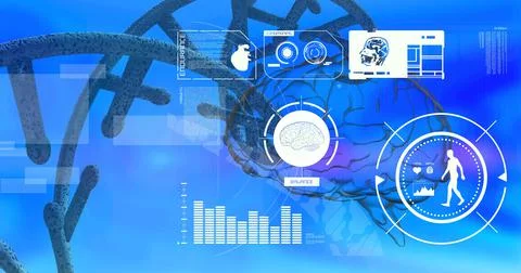 Medical data processing over dna structure and human brain against blue gradient Stock Illustration