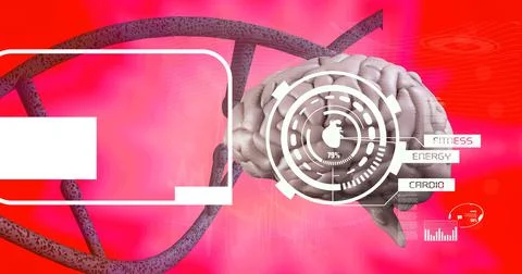 Medical data processing over dna structure and human brain against red gradient Illustrazione stock