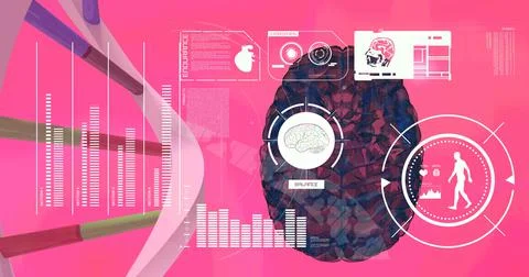 Medical data processing over dna structure and human brain against pink gradient 스톡 일러스트