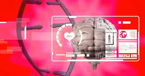 Medical data processing over dna structure and human brain against pink gradient Illustrazione stock
