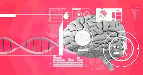 Medical data processing over dna structure and human brain against pink gradient 스톡 일러스트