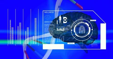 Medical data processing over dna structure and human brain against blue gradient Illustrazione stock