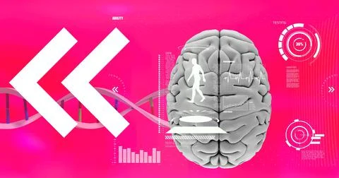 Medical data processing over dna structure and human brain against pink gradient Illustrazione stock
