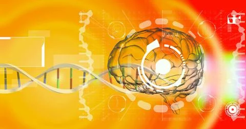 Medical data processing over dna structure and human brain against yellow Illustrazione stock