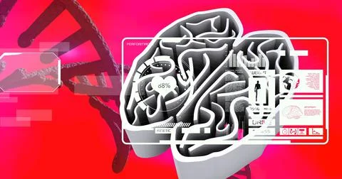 Medical data processing over dna structure and human lungs against red gradient Stock Illustration