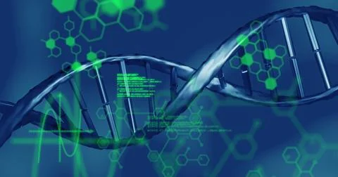 Medical data processing over dna structure spinning against blue background Illustrazione stock