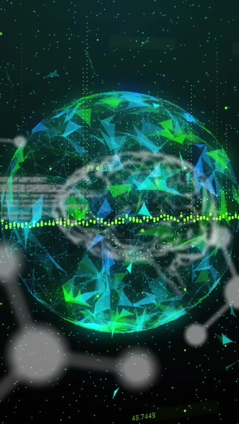 Medical data processing over globe of plexus networks spinning against black Stock Footage 342595322