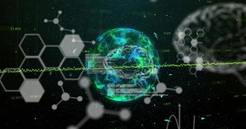 Medical data processing over globe of plexus networks spinning against black Stock Illustration