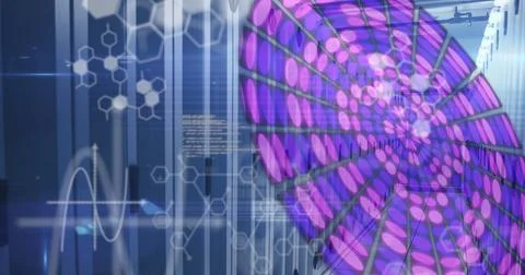 Medical data processing over purple glowing abstract circular shape against Illustrazione stock